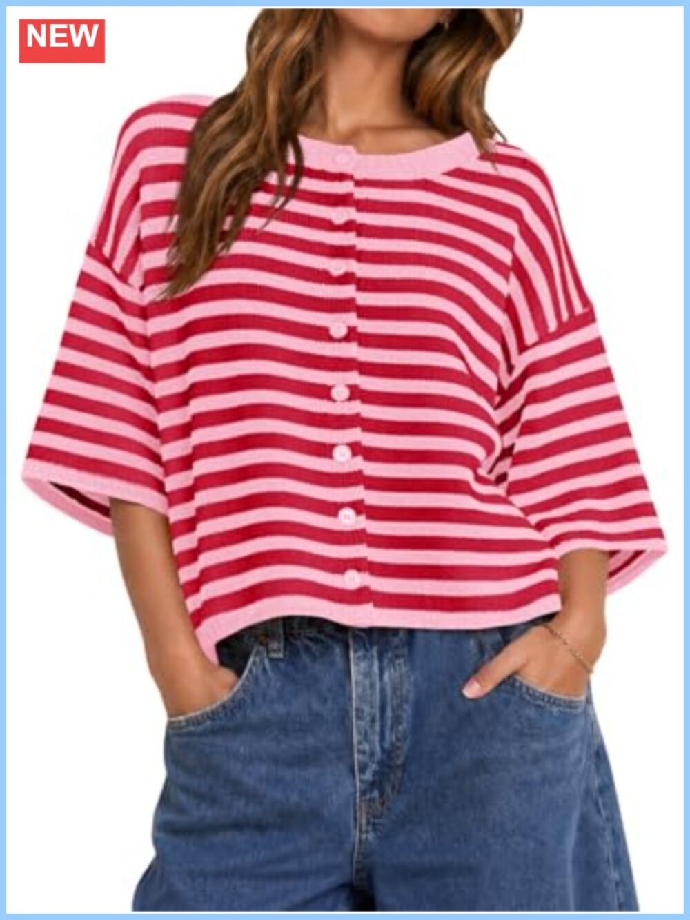 Womens Short Sleeve Cropped Striped Button Down Oversized Lightweight Knit